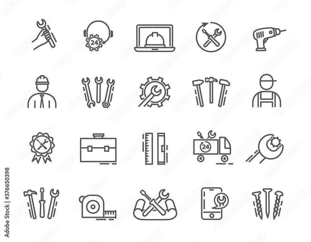 Large set of repair or maintenance icons with tools, DIY, workmen, trade vehicle and online ordering or help, vector illustration