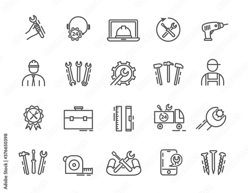 Large set of repair or maintenance icons with tools, DIY, workmen, trade vehicle and online ordering or help, vector illustration Large set of repair or maintenance icons with tools, DIY, workmen, trade vehicle and online ordering or help, vector illustration