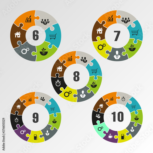 circle puzzle infographic. Template for cycle diagram, graph, presentation and round chart. Business concept with 6, 7, 8, 9, 10 options, parts, steps or processes. Abstract background.
