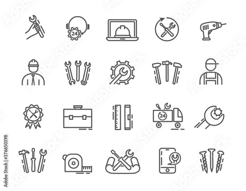 Large set of repair or maintenance icons with tools, DIY, workmen, trade vehicle and online ordering or help, vector illustration