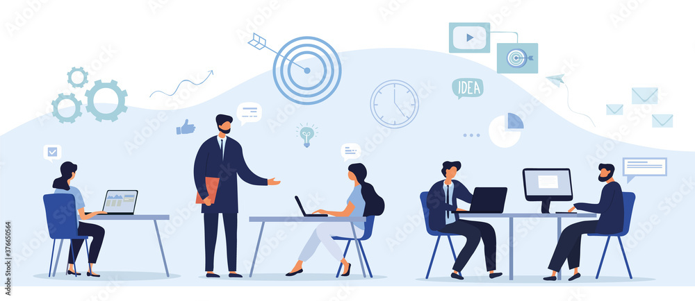 Office workflow and teamwork concept showing businesspeople working at computers, in conversation and a meeting, colored vector illustration