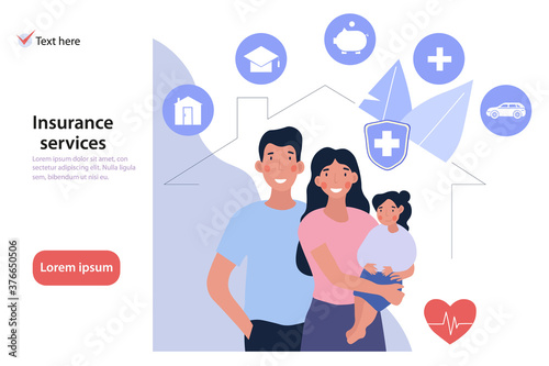 Comprehensive family insurance web page template with assorted icons for house, medical, earnings and car above a young couple with child, colored vector illustration