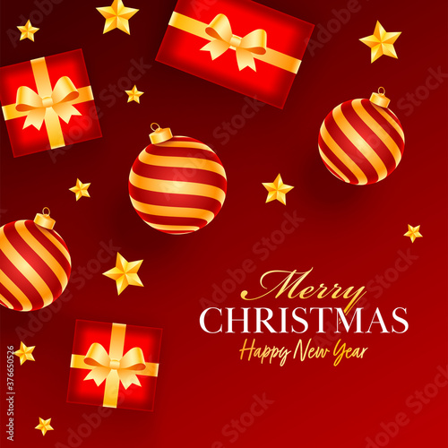 Top View of Realistic Baubles with Gift Boxes and Golden Stars Decorated on Red Background for Merry Christmas & Happy New Year Celebration.