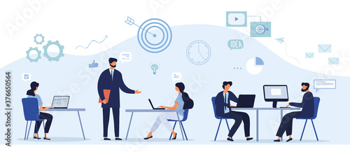Office workflow and teamwork concept showing businesspeople working at computers, in conversation and a meeting, colored vector illustration