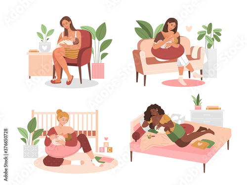 Set of four diverse breastfeeding mothers suckling their babies on chairs and sofas at home, colored vector illustration