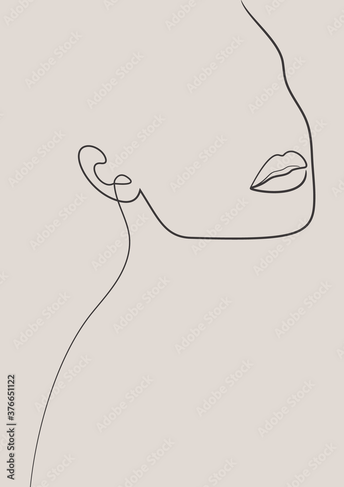 Abstract woman face portrait in minimalistic one line style. Female wall print. Body art poster. Modern model girl sketch template in pastel color. Abstract woman face portrait in minimalistic one line style. Female wall print. Body art poster. Modern model girl sketch template in pastel color.