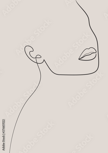 Abstract woman face portrait in minimalistic one line style. Female wall print. Body art poster. Modern model girl sketch template in pastel color.