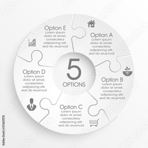 Five sided 3d puzzle presentation infographic template with explanatory text field for business statistics