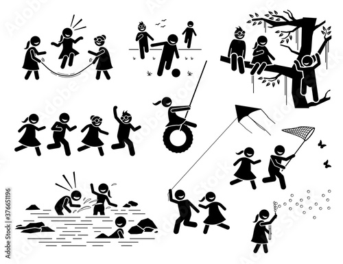 Healthy lifestyle of active children playing outside stick figures icons. Vector illustrations of kids climbing tree, running, catching butterfly, splashing water, playing kite, football, and bubbles. photo