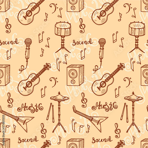 Seamless pattern with cute hand drawn musical instruments. Vector collection