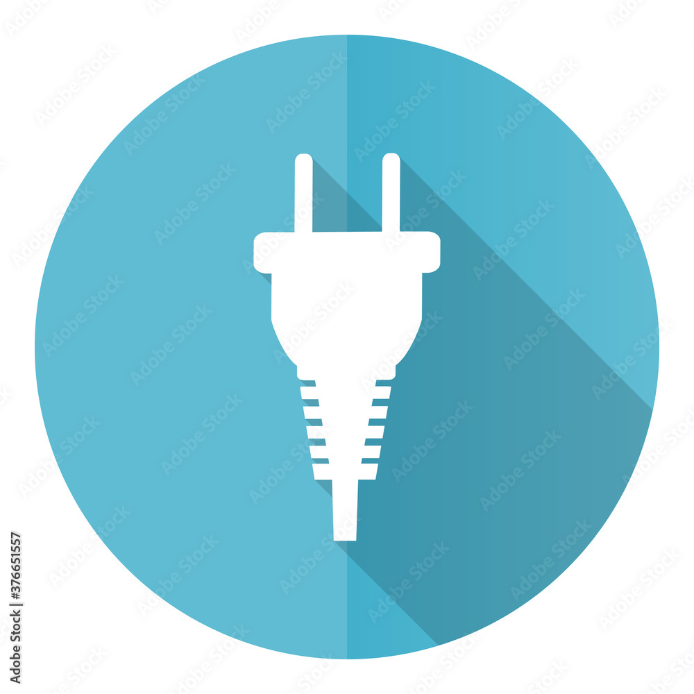 Plug vector icon, flat design blue round web button isolated on white background Plug vector icon, flat design blue round web button isolated on white background