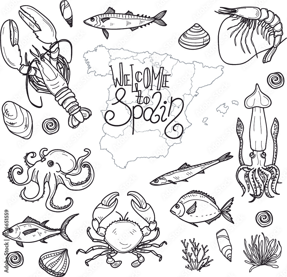 Cute hand drawn set of marine inhabitants of Spain. Welcome to Spain collection
