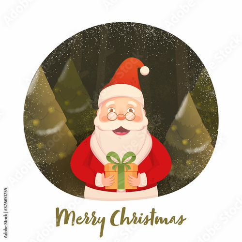 Cartoon Santa Claus Holding a Gift Box with Xmas Trees, Noise Effect and Snowfall on Olive and White Background for Merry Christmas.