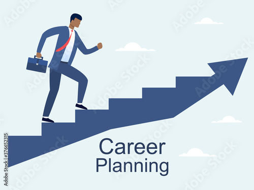 Man climbing up the career ladder. The concept of success and career growth. Colored vector illustration