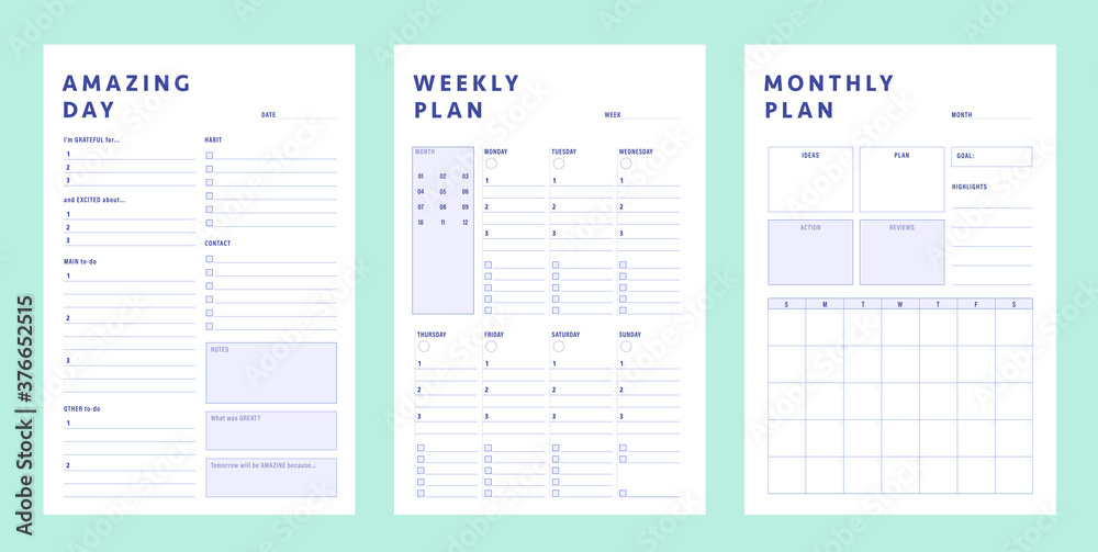  Daily, weekly, Monthly  planner template. .3 Set of minimalist planners. Clear and simple printable to do list. Business organizer page. Paper sheet. Realistic vector illustration. - obrazy, fototapety, plakaty 