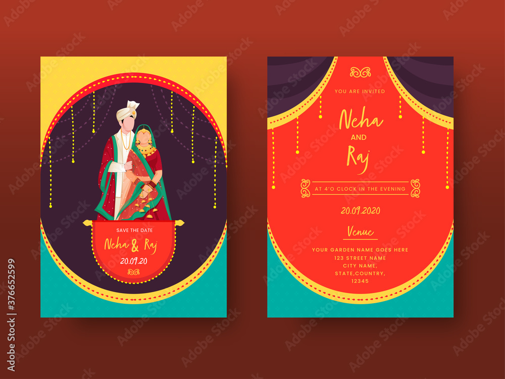 Colorful Indian Wedding Invitation Card or Template Set with Cartoon Couple  Image and Venue Details. Stock Vector | Adobe Stock
