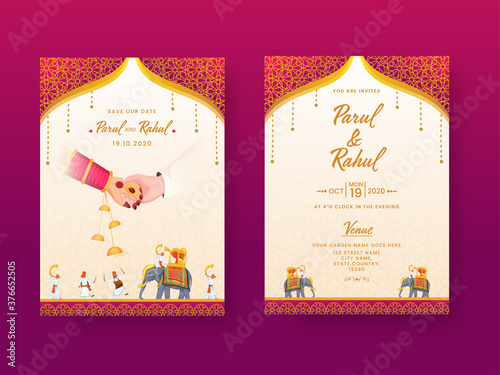 Indian Wedding Invitation Card, Template Layout with Venue Details in Front and Back View.
