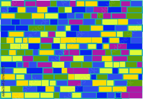 brick wall-like vector background with nested multicolor rectangles and different sized green borders