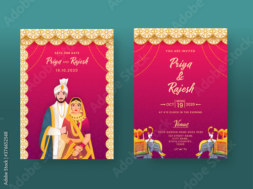 Indian Wedding Invitation Card in Mandala Pattern with Couple Character and Venue Details.