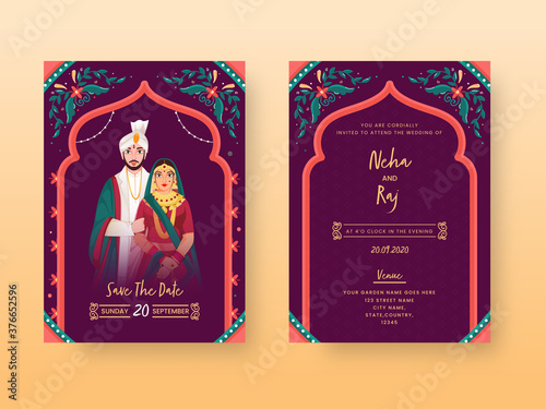 Vintage Wedding Invitation Card or Template Layout with Indian Couple Character in Front and Back View.