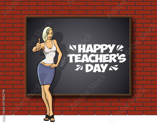 Happy Teacher's Day. Kind woman teacher stands blackboard. Teacher greeting card World teacher's day concept school student girl learning education graphic freehand illustration icon black chalkboard