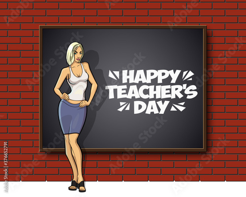 Happy Teacher's Day. Kind woman teacher stands blackboard. Teacher greeting card World teacher's day concept school student girl learning education graphic freehand illustration icon black chalkboard