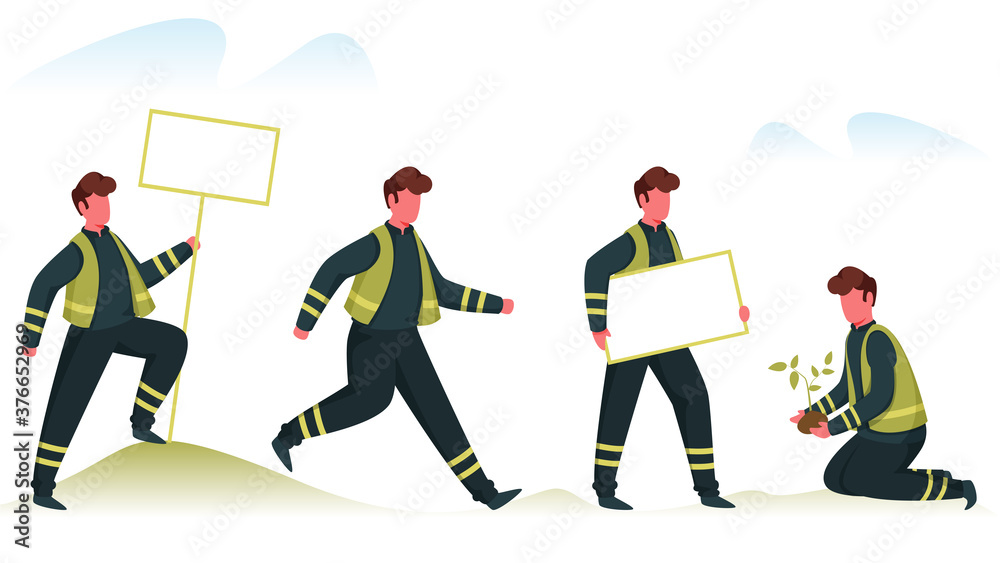 Cartoon Eco Volunteer OR Plant Rescue Team Doing Various Tasks on White Background. Cartoon Eco Volunteer OR Plant Rescue Team Doing Various Tasks on White Background.