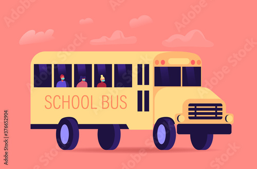Schoolkids Characters in Medical Masks Sitting in Yellow School Bus. Kids Looking Out of Schoolbus Window, Students