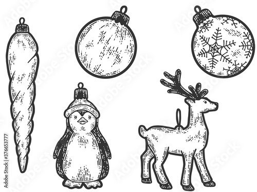 Christmas toys on the tree. Sketch scratch board imitation.