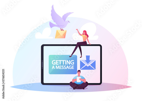 Characters Sending or Getting Messages Concept. Tiny Man and Woman at Huge Tablet Pc, White Dove Delivering Post, E-mail