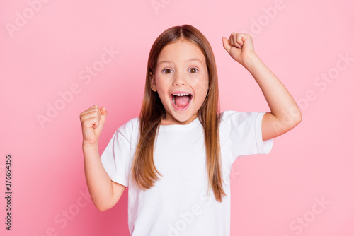 Close-up portrait of her she nice attractive lovely lucky red hair cheerful cheery girl rejoicing good great news having fun attainment isolated over pink pastel color background