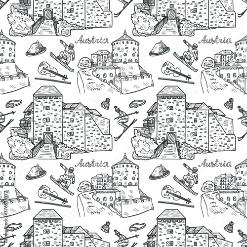 Seamless pattern with cute hand drawn Austria related icons. Vector collection.