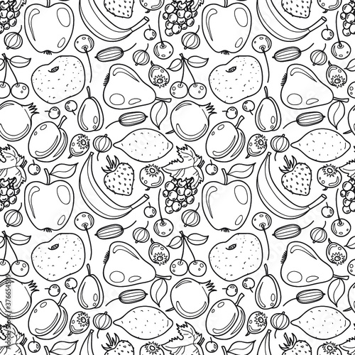 Seamless pattern with cute hand drawn Fruits. Illustration for coloring. Vector