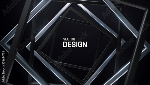 Black and silver square frames. Abstract background. Vector 3d illustration. Random rotated rectangles. Geometric banner. Luxury element for poster or cover design.