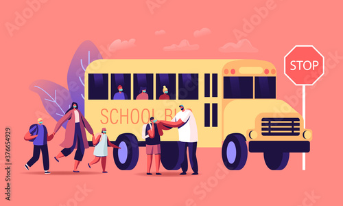 Parents Characters See Off Little Children to Schoolbus, Back to School at Coronavirus Pandemic Concept. Pupils in Masks