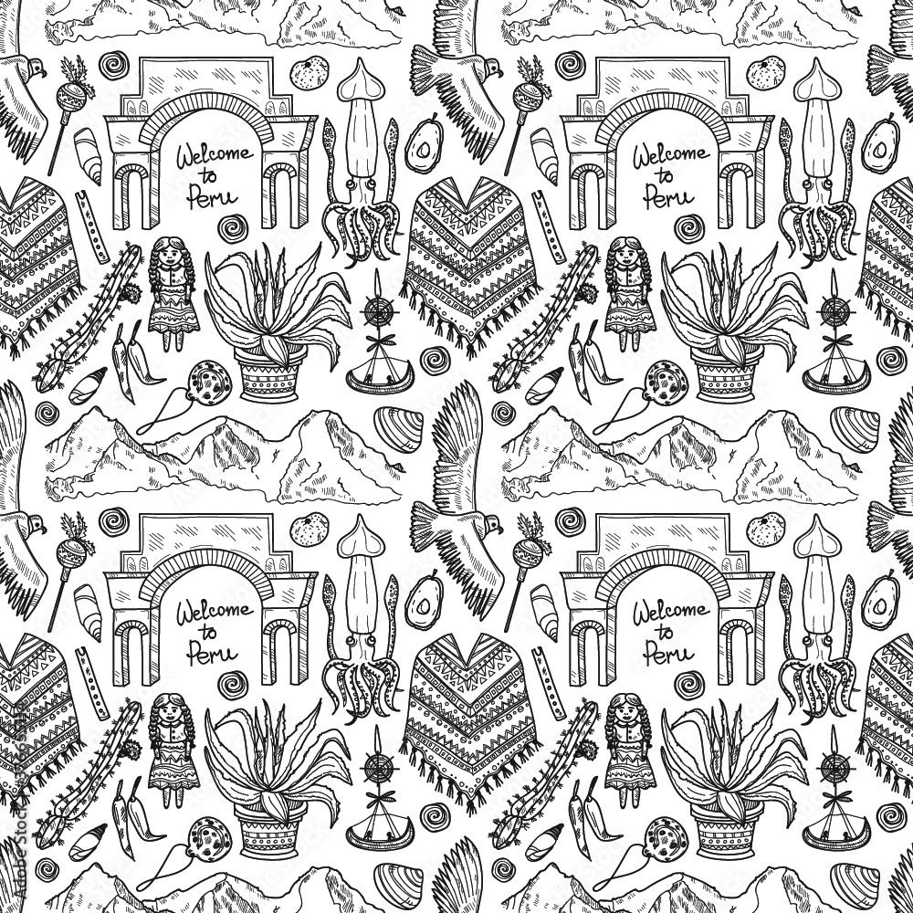 Seamless pattern with cute hand drawn Peru related icons. Vector travel collection. 