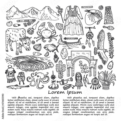 Illusrtation with cute hand drawn Peru related icons. Vector travel collection. 