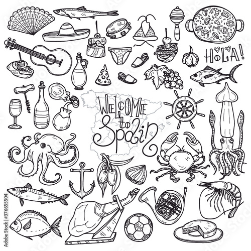Cute hand drawn set of  Spain related icons. Welcome to Spain collection