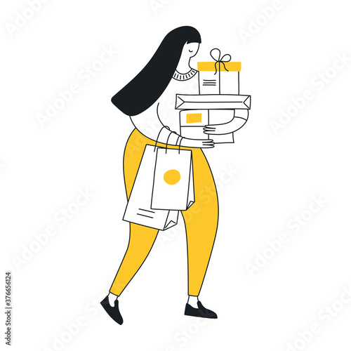 Cute cartoon woman holding bags and purchases in her hands. Shopping, shopper, customer, client, sales. Flat line vector illustration on white.