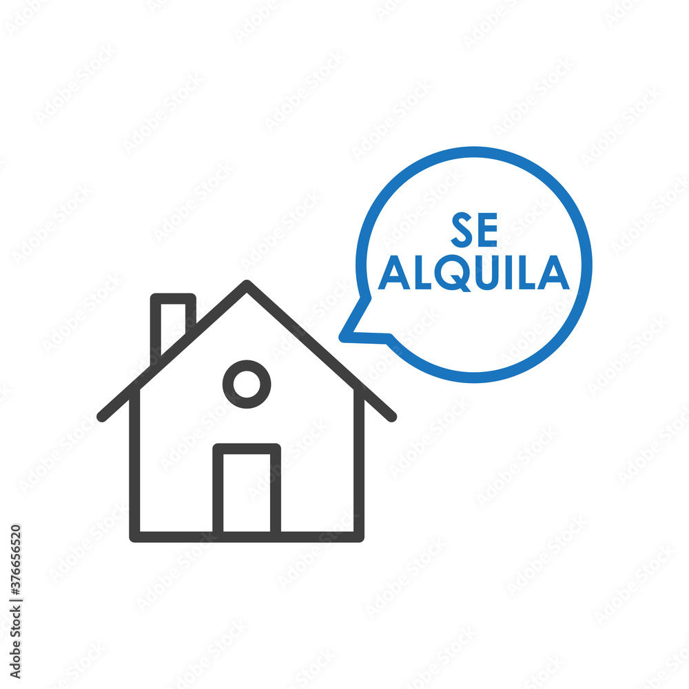Concepto Real Estate. Venta de inmuebles. Icono plano lineal casa con texto Se Alquila en español en burbuja de habla en azul y naranja
