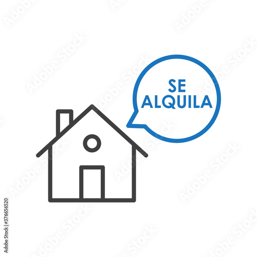 Concepto Real Estate. Venta de inmuebles. Icono plano lineal casa con texto Se Alquila en español en burbuja de habla en azul y naranja