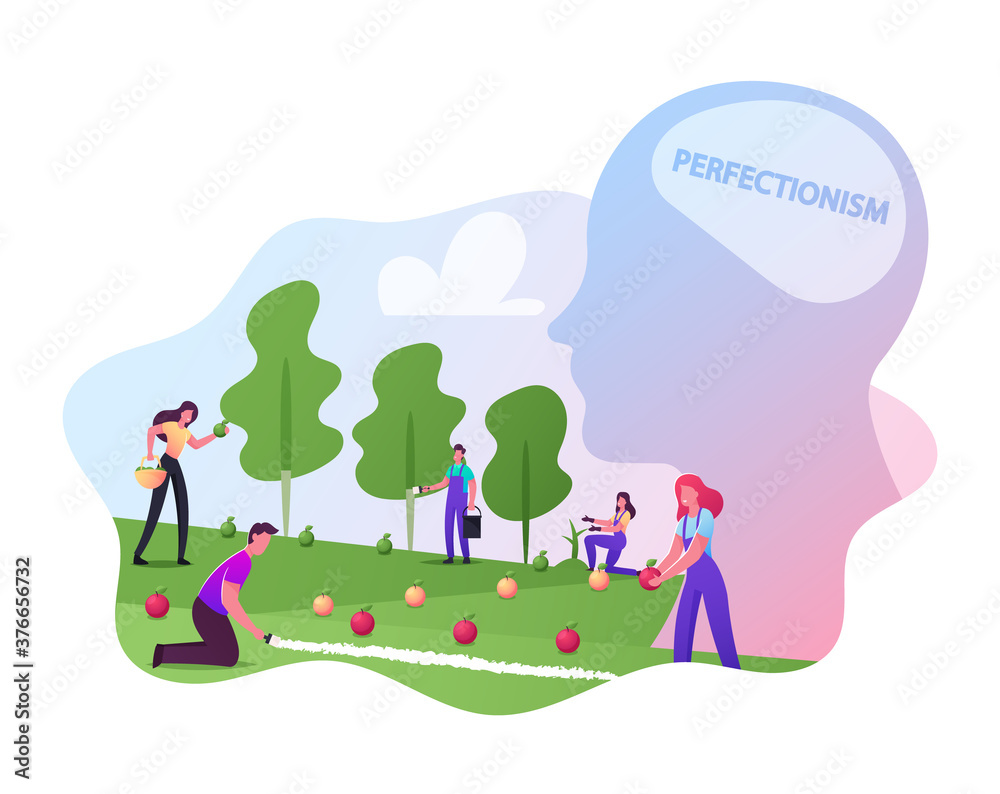 Fototapeta premium Perfectionism, Male or Female Gardener Characters Put Apples in Even Row Collecting and Sorting them by Colors and Sizes