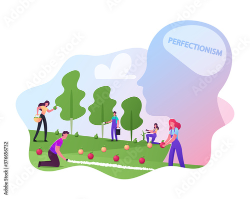 Perfectionism, Male or Female Gardener Characters Put Apples in Even Row Collecting and Sorting them by Colors and Sizes