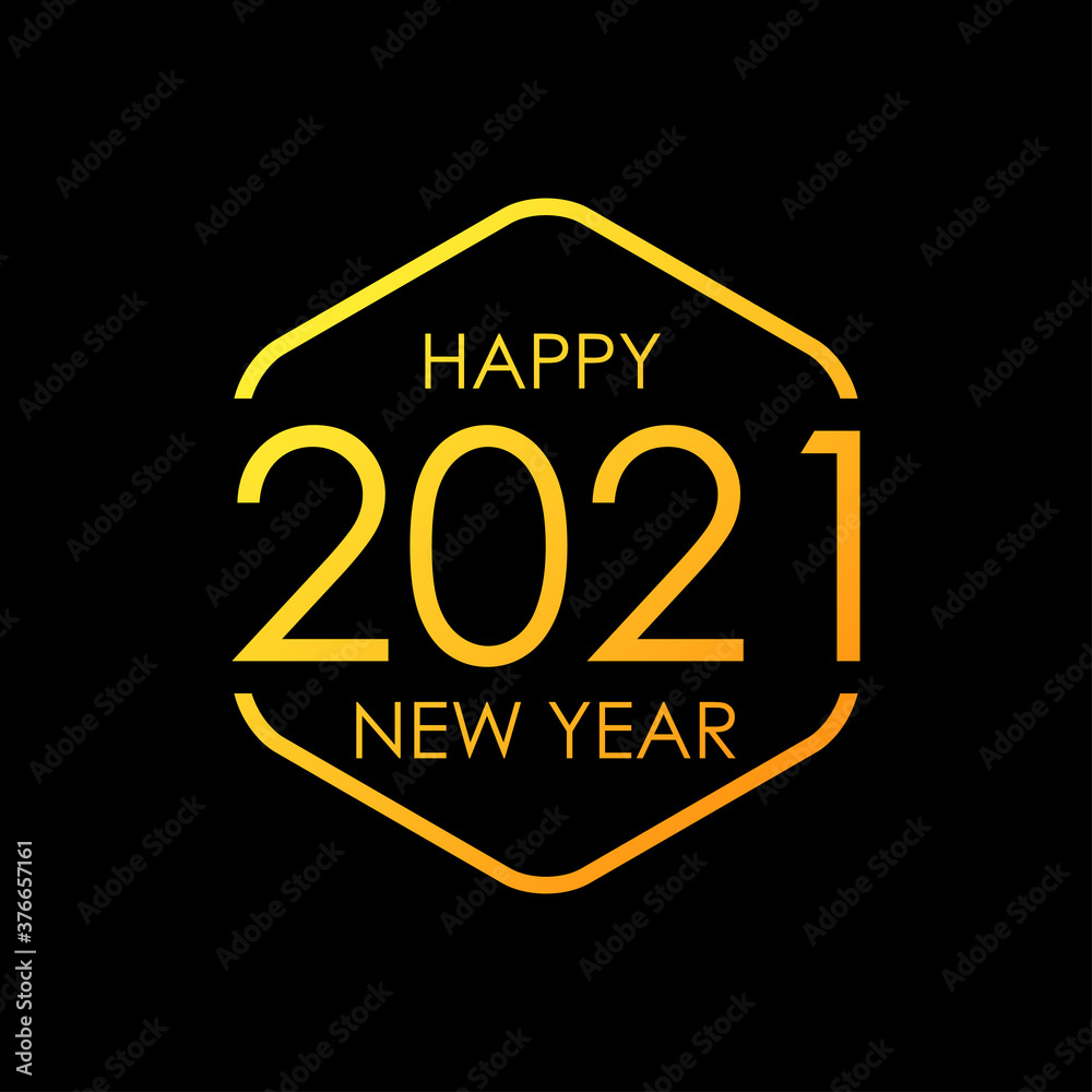 Concepto feliz año nuevo. Logotipo con texto Happy New Year 2021 lineal en hexágono color dorado y fondo negro