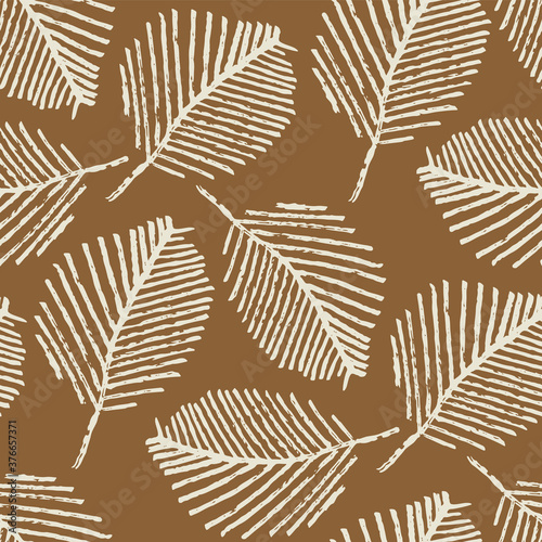 Mono print style scattered leaves seamless vector pattern background. Simple lino cut effect skeleton leaf foliage on caramel brown backdrop. At home hand crafted design concept. Repeat for packaging