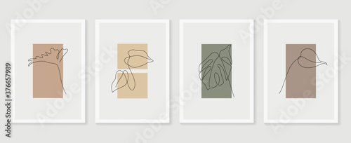 Botanical wall art vector set. Foliage line art drawing with  abstract shape.  Abstract Plant Art design for print, cover, wallpaper, Minimal and  natural wall art. Vector illustration. photo