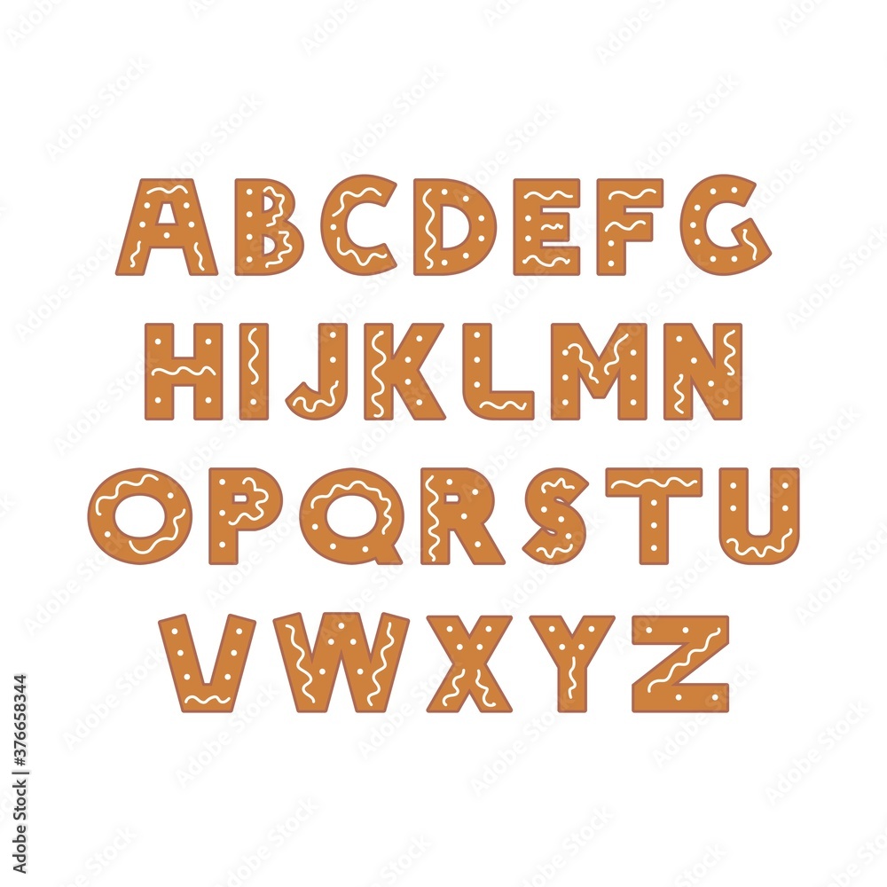 Gingerbread alphabet - sweet christmas cookie font. vector