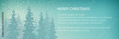 Winter banner with snowfall in the forest and text, fir trees in winter in snowfall, christmas winter landscape in turquoise shades , vector illustration
