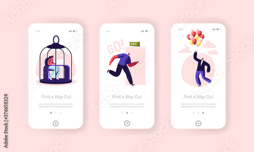 Characters Escape Home Isolation Mobile App Page Onboard Screen Template. People Leaving Cages, Run into Open Door Exit