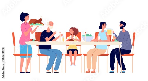 Thanksgiving dinner. Cartoon family eating, holiday table meals. Cute adults kids together, traditional christmas lunch vector illustration. Thanksgiving dinner, together celebration